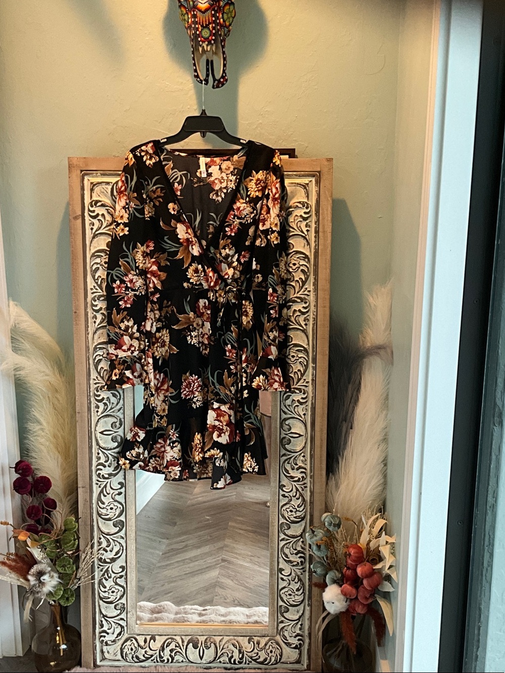 Black Floral Wrap Mini Dress